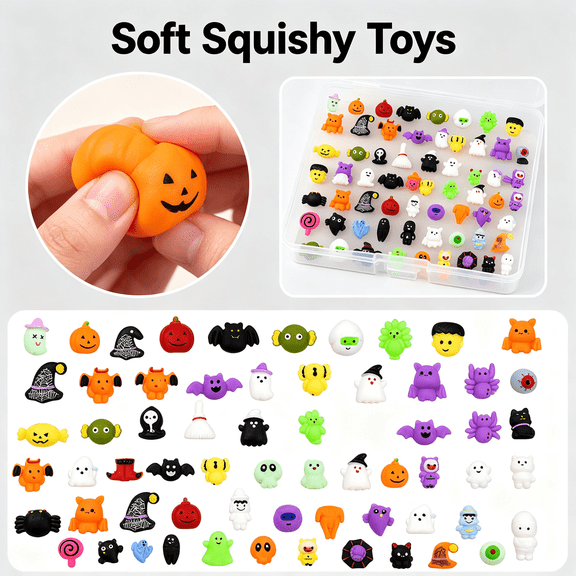 50 Pcs Halloween Mochi Squishy Toys Bulk, Cute Stress Relief Soft TPR Squeeze Toys Set, Trick or Treat Candy Alternative Party Favors for Kids