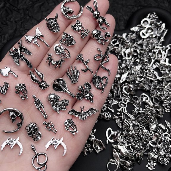 50 Pcs Halloween Nail Charms Retro Alloy Bat Snake Skeleton Nail Jewelry 3D Mixed Styles Moon Skull Nails Gems Dark Halloween Nail Rhinestones for Women DIY Manicure Decorations Craft Jewelry Making