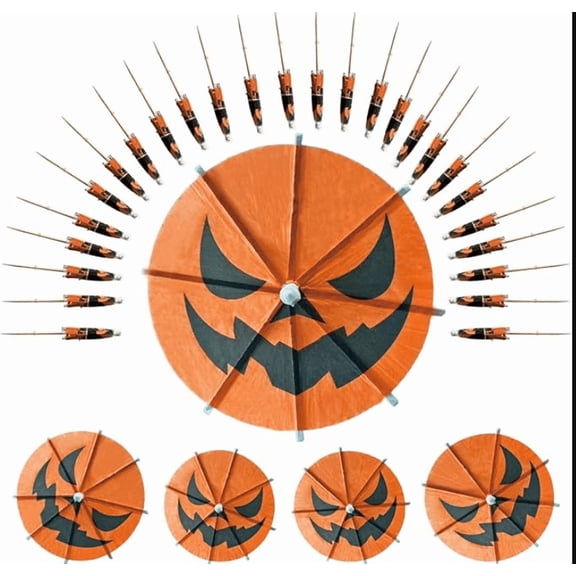 50 Pcs Halloween Pumpkin Cocktail Drink Umbrella Picks,Spooky Paper Toothpicks with Pumpkins Cocktail Umbrellas Fruit Dessert Cupcake Topper Sticks for Halloween Party Decorations (Orange)