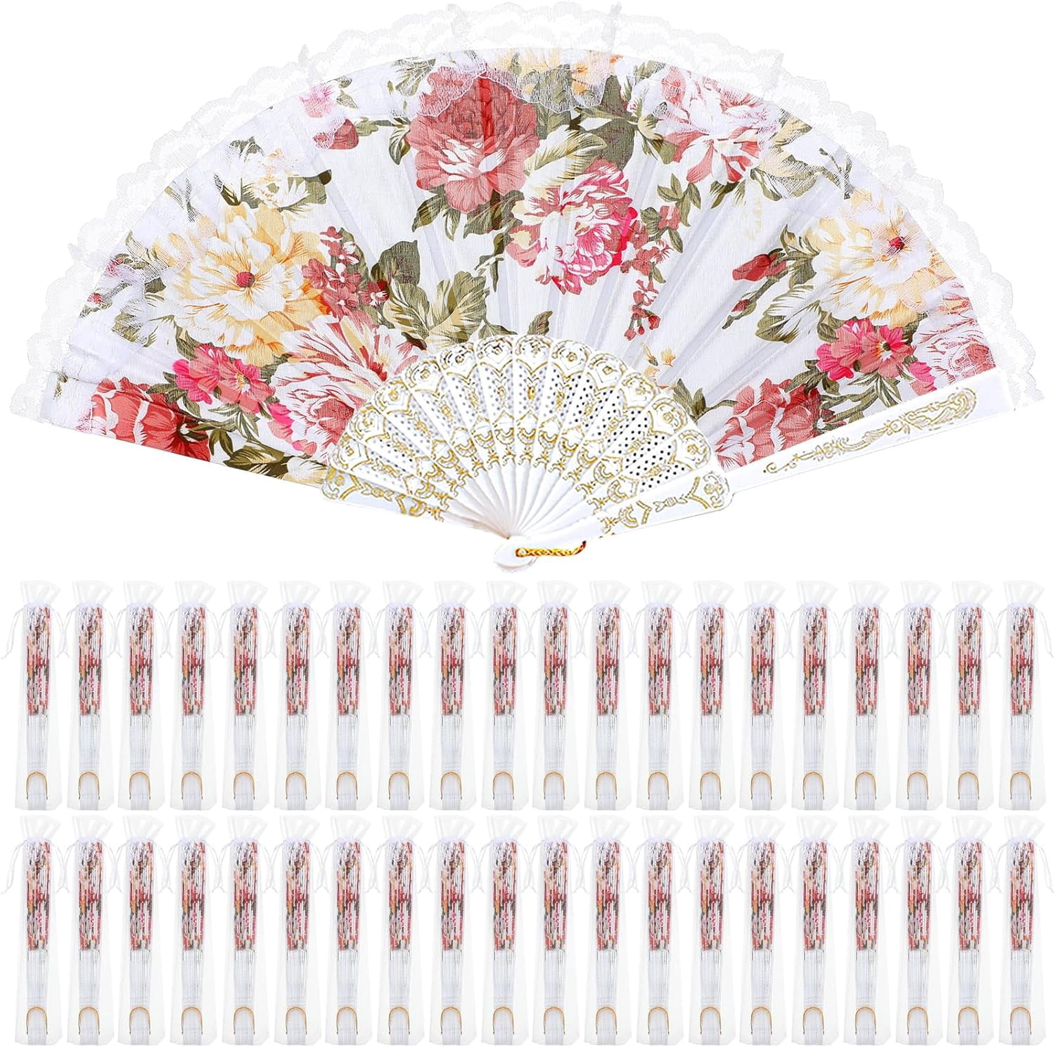 50 Pcs Hand Lace Foldable Fans Bulk for Women with Organza Bag Lace ...