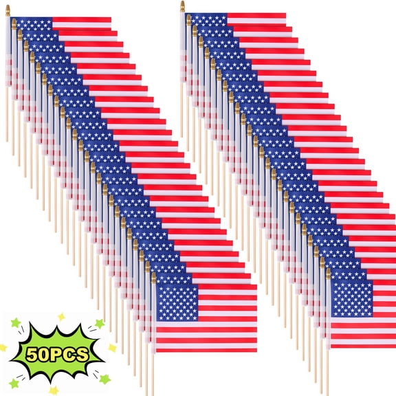50 Pcs Handheld American Flags, 4x6 Inch Mini USA Flags on Wood Poles, Bulk Patriotic Party Favors for Memorial Day, 4th of July & Veterans Day Events