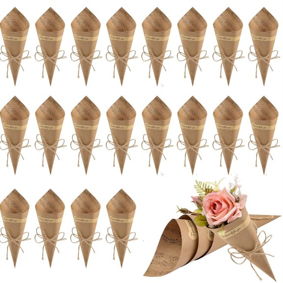 50 Pcs Handmade Kraft Paper Cones Topboutique Small Bouquet Wrapping Cones with Hemp Rope & Label Stickers Versatile Flower Holder for Confetti, Petals, Candy, Gift, for Wedding Birthday & Events