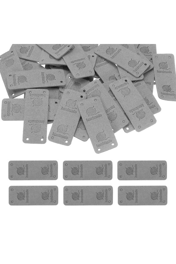 50 Pcs Handmade Leather Labels, Rectangle Leather Handmade Tags with Hole Embossed Tag Labels for Embellishment DIY Crafts Gloves Bags, Grey