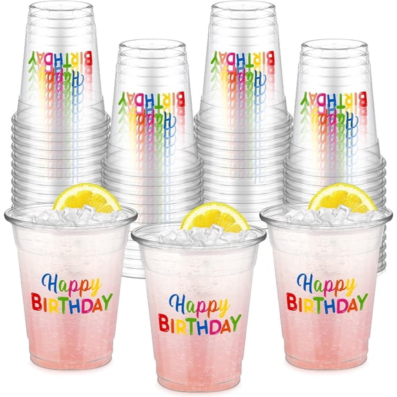 50 Pcs Happy Birthday Cups 12 oz Birthday Plastic Glasses Clear Disposable Cups Theme Drinking Glasses for Home Kitchen Theme Party Favors Supplies Decoration