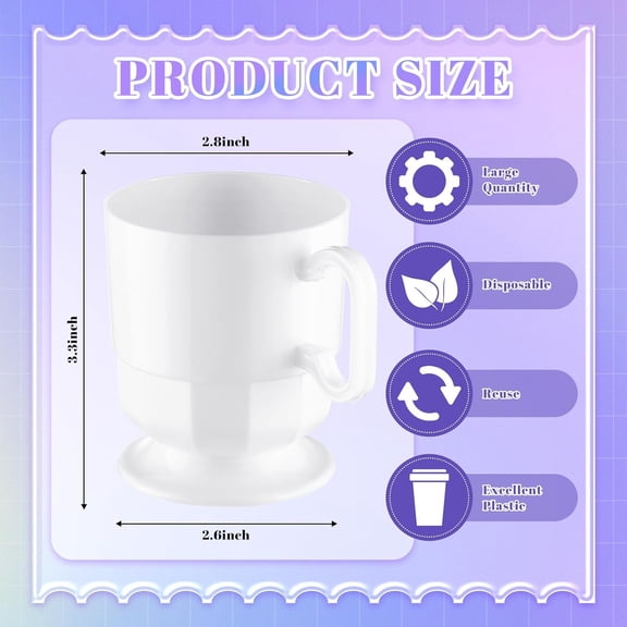 50 Pcs White Hard Plastic Coffee Cup Tea Party Cup with Handle 8 oz Disposable Coffee Mug Bulk Reusable Espresso Mug for Tea Party School Craft Birthday Dessert