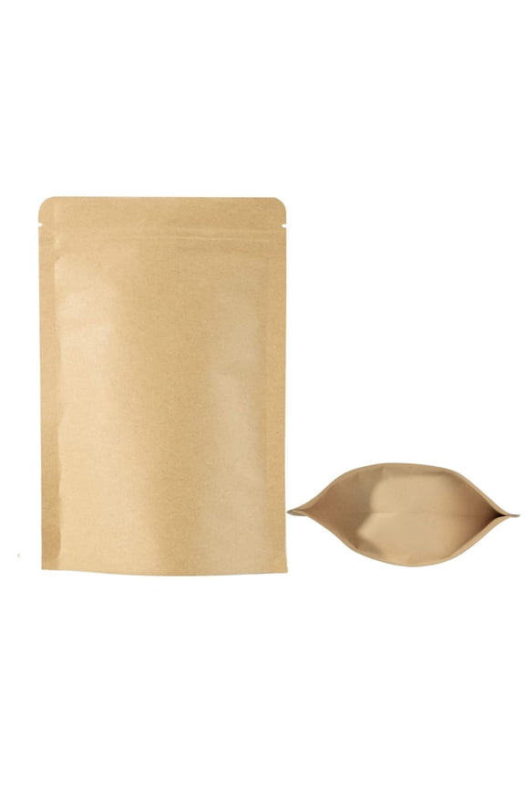 50 Pcs Heat Sealable Kraft Ziplcok Stand Up Pouch Bags Foil Lined, High Barrier Light Proof, 4 OZ, 5"W x 8 1/4"H x 3"D, BPA Free, FDA Compliant