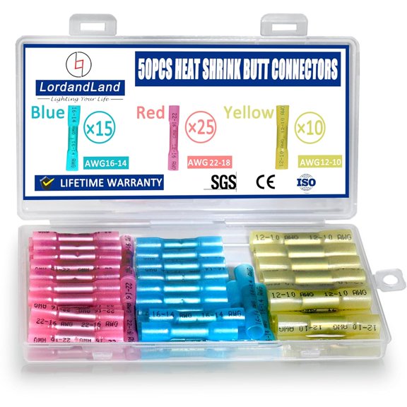 50 Pcs Heat Shrink Butt Connectors Kit,Heat Shrink Wire Connectors,Waterproof Insulated Marine Automotive Crimp Terminals Butt Splice for Marine Automotive Motorcy Truck Electrical