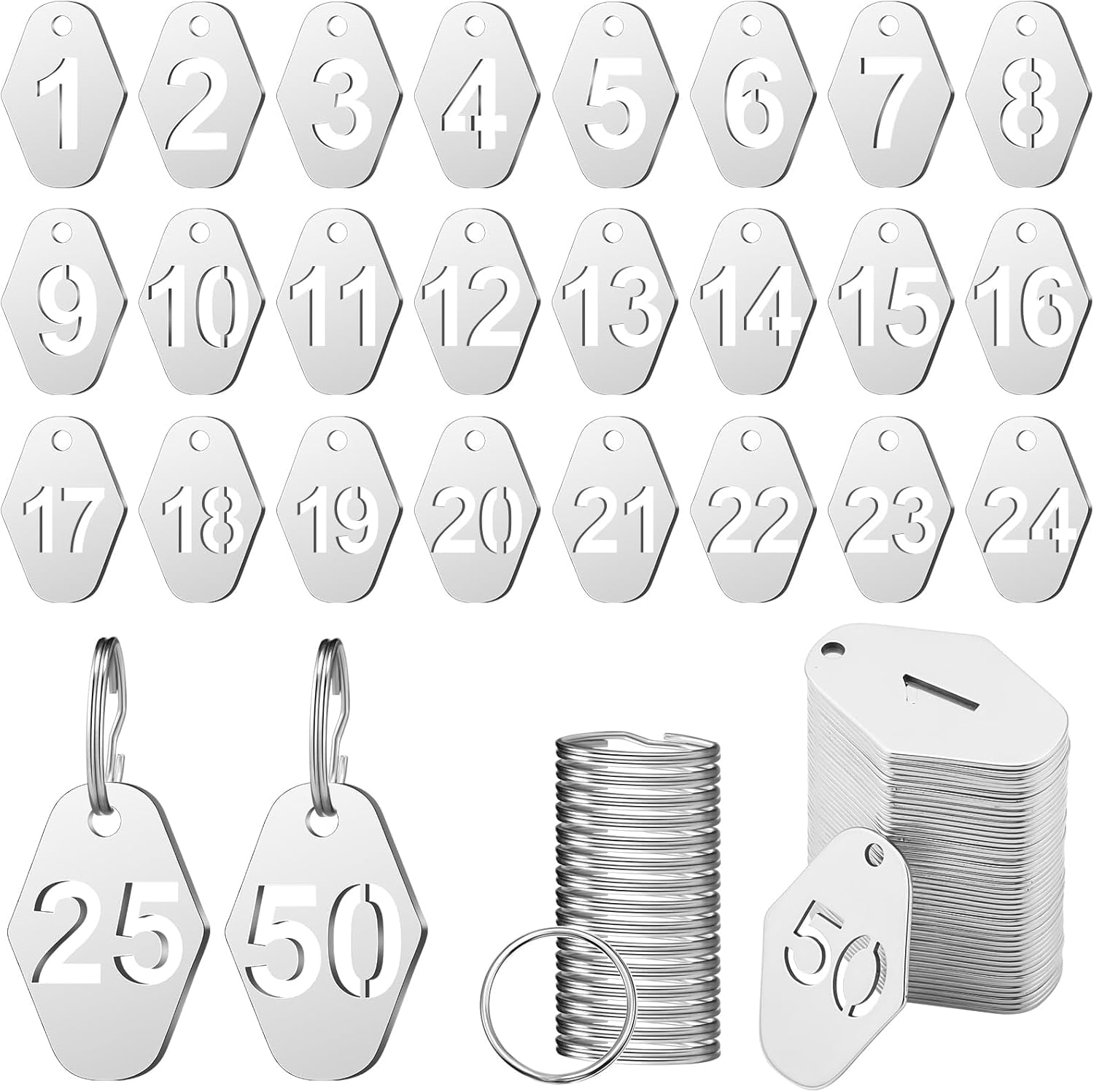 50 Pcs Hollowed Stainless Steel Number Tags Metal Numbered Key Number Labels Coat Check ID Tags with Key Rings Chain for Backpack Hooks Dormitory Keys House Lockers(Diamond, 1-50)