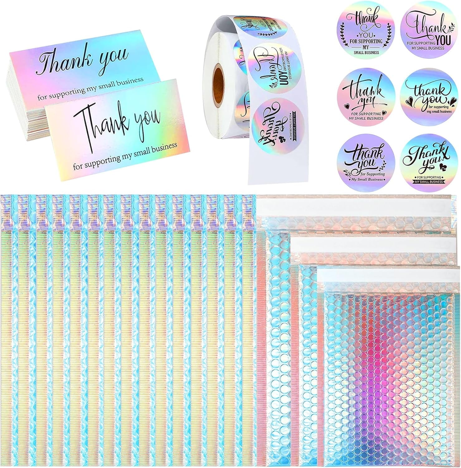 50 Pcs Holographic Bubble Mailers,Metallic Bubble Mailers With Thank You Cards and Stickers,Poly Padded Envelopes,Waterproof Self Sealing Shipping Bags for Mailing,Small Business