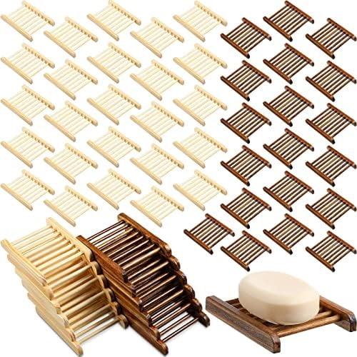 50 Pcs Home Bamboo Wood Soap Holder Bulk Bathroom Wooden Soap Dish Tray Saver 4.72 x 3.35 x 0.7 Inch Hand Craft Bathtub Self Draining Dish for Bar Kitchen(Charcoal and Wood Color)