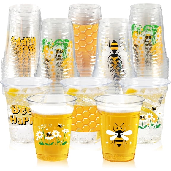 50 Pcs Honey Bee Party Decoration Cups, 12 oz Clear Disposable Drinking Honey Cups, First Bee Day Theme Summer Party Decorations Favors for Home, Kitchen, Baby Shower