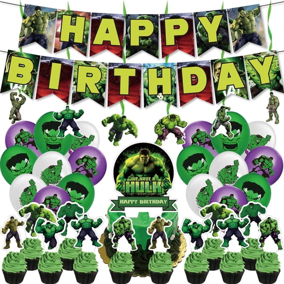50 Pcs For Hulk Theme Birthday Party Decorations,Includes 1 Happy Birthday Banner Garland,18 Balloons,25 Cupcake Toppers,6 Hanging Swirls for Birthday Party Supplies