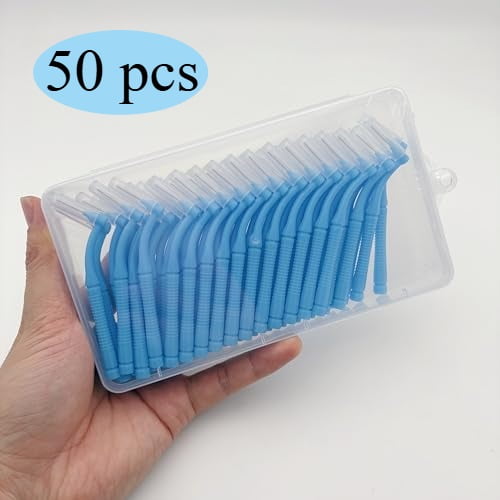 50 Pcs Interproximal Brush, Gum Interdental Brushes, L Angle Reusable Dental Cleaners Brushes,Disposable Oral Dental Hygiene Brush,Dental Toothpick Floss for Braces,Tooth Cleaning Tool (Blue)