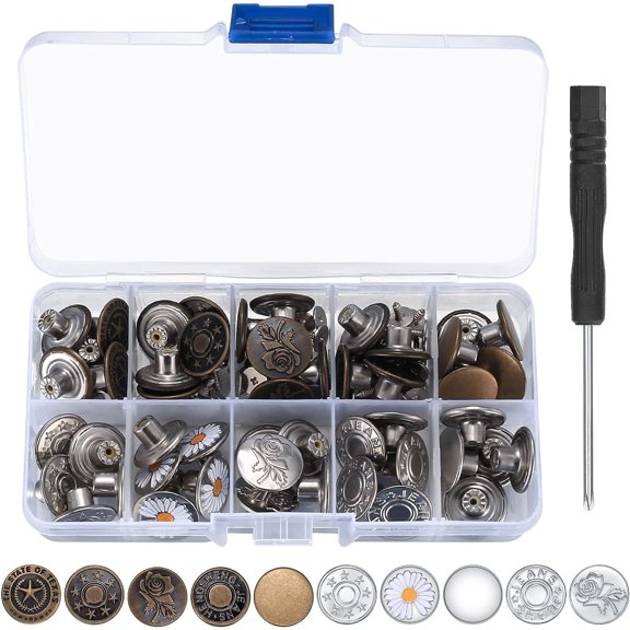 50 Pcs Jean Buttons Replacement No Sew,17mm Replacement Jeans Pants Buttons | jeans replacement button metal,Instant Adjustable Metal Snap Denim Buttons Replacement Kit for Pants Jeans Suspender Butt