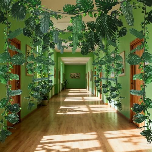 50 Pcs Jungle Theme Party Decorations Tropical Rainforest Leaves with 2 10ft Artificial Safari Rattans 36 Tropical Palm Fake Leaves Jungle Vines for Forest Jungle Dinosaur Party Indoor Outdoor Decor