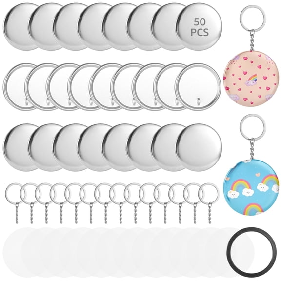 DIY Keychain Making Kit 50 Pcs,Complete Craft Set with Key Rings,Blank Badge Buttons,Plastic Covers & Metal Circles for Personalized Keychains,Pins,Bag Charms