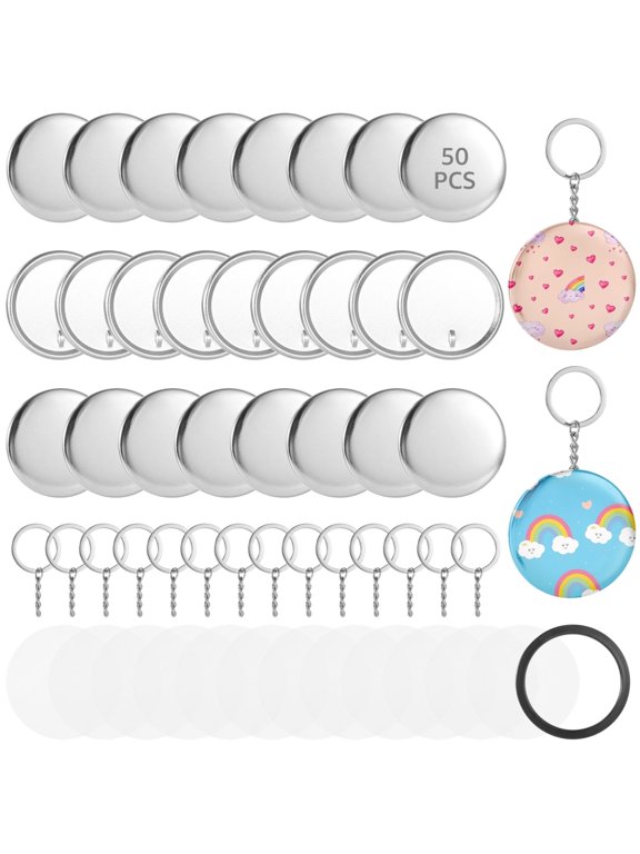 DIY Keychain Making Kit 50 Pcs,Complete Craft Set with Key Rings,Blank Badge Buttons,Plastic Covers & Metal Circles for Personalized Keychains,Pins,Bag Charms