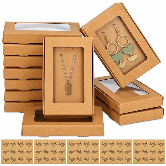 50 Pcs Kraft Paper Jewelry Gift Boxes with Clear Window and Stickers, 5.4x3.4x0.7 Inch Minimalist Packaging Box for Bracelet Necklace Earring Wedding Favor
