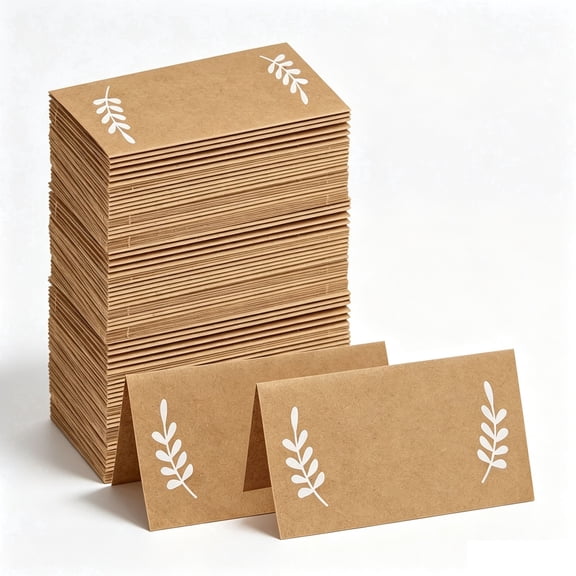 100 Pcs Kraft Paper Leaf Print Foldable Place Cards - Minimalist Name Tags for Wedding Banquets, Parties & Restaurant Table Labels