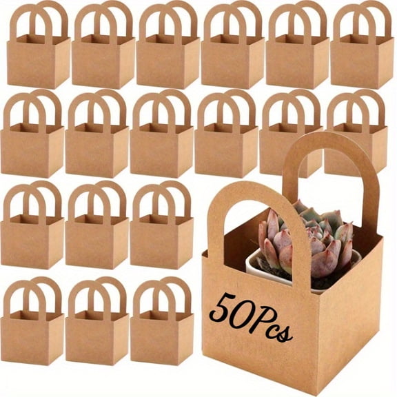 50 Pcs Kraft Paper Succulent Gift Boxes with Handles, 2.76x2.76x2.36inch Gift Bags for Weddings Parties, Ideal for Succulents Flowers Candies