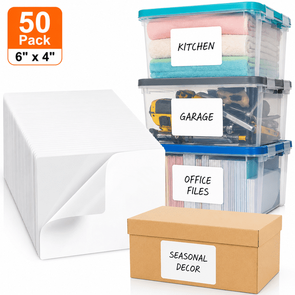 50 Pack Large Labels for Storage Bins, 6" x 4" Removable Box Labels, Matte White Blank Organizing Stickers, Water-Resistant Tear-Resistant Labels for Moving Boxes, Garage, Home & Office