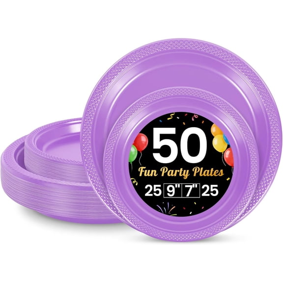 50 Pcs Lavender Plastic Plates For Party, 25-9" & 25-7" Disposable Cake Dessert Plates For Birthday, Baby Shower, Easter, Mothers Day Dinner