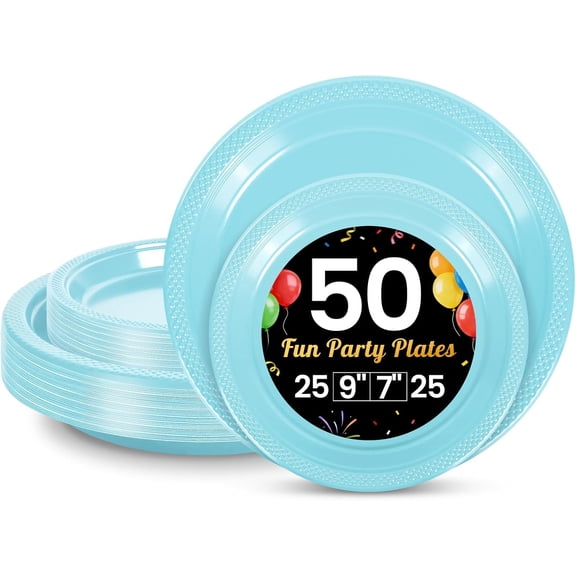 50 Pcs Light Blue Plastic Plates For Party, 25-9" & 25-7" Disposable Cake Dessert Plates For Birthday, Baby Shower, Easter Dinner