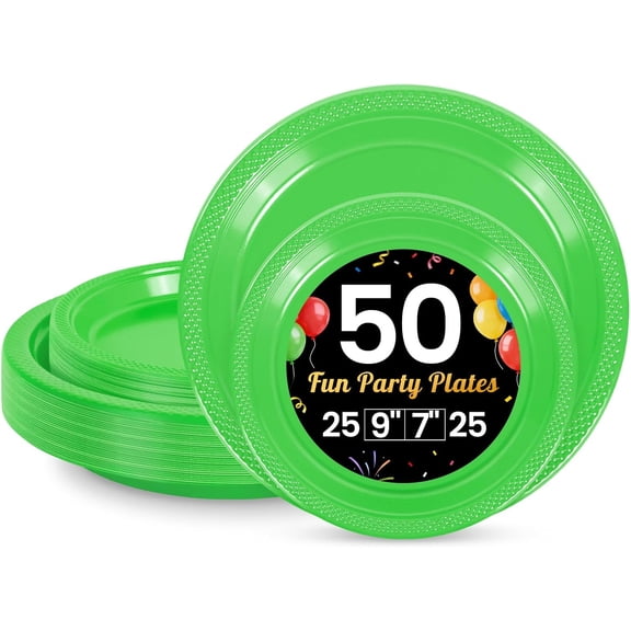 50 Pcs Lime Green Plastic Plates For Party, 25-9" & 25-7" Disposable Cake Dessert Plates For Birthday, Halloween, Summerween, Christmas Dinner