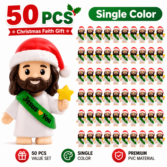 50 Pcs Little Jesus Figures, Mini PVC Jesus Figurines with Santa Hat and Star Wand, Christian Faith Gifts, Religious Party Favors, Church Giveaways, Christmas Stocking Stuffers, Desk Car Decor