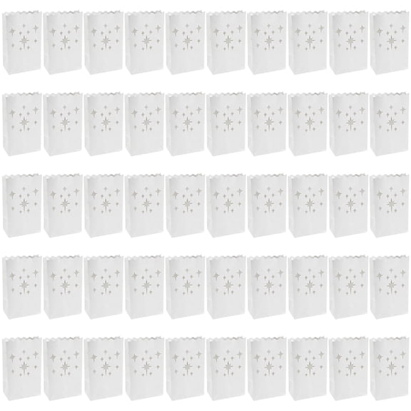 50 Pcs Luminary Bags, Star Pattern, Flame Retardant, 10.2 x 5.9 in|Flame Retardant Paper, Wave-Cut Mouth, Hollow Star Design, Romantic Ambiance, Party Decor for Candles