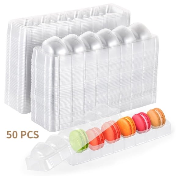50 Pcs Macaron Boxes, Clear Plastic Dessert Cases for 6 Macarons, Small Cakes, Cookie Packaging Display Trays for Wedding Party Gifts, Macaroon Storage Containers