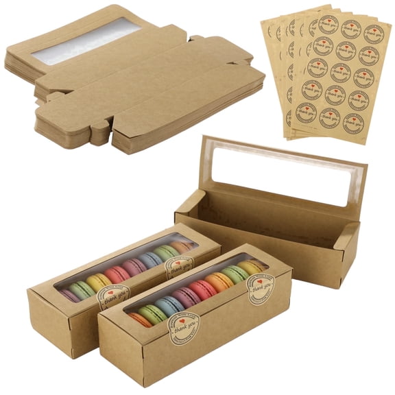 50 Pack Kraft Paper Macaron Boxes with Clear Window & Stickers  7.6" x 2.5" x 2" Brown Bakery Containers, for Donuts, Pastries, Chocolates & Candies, Home & Business Use