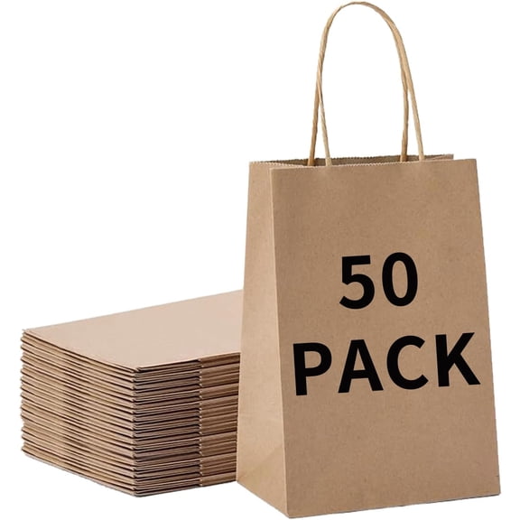 50 Pcs Medium 8.25x4.3x10.6 Inch Brown Kraft Paper Gift Bags with Handles for Bulk Wedding, Party Favors, Grocery, Shopping, Retail Merchandise, Gift Sacks