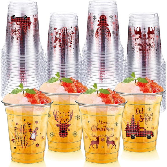 50 Pcs Merry Christmas Buffalo Plaid Plastic Cups - 12 oz Clear Disposable Drinking Cups for Home Xmas Theme Party Favors & Kitchen Supplies