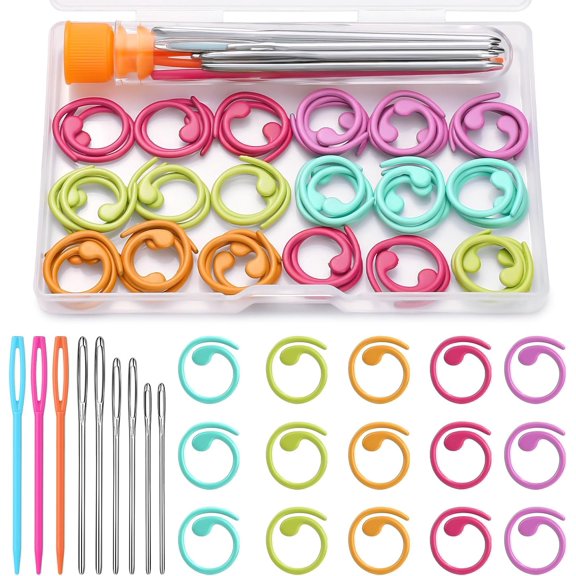 50 Pcs Metal Crochet Stitch Markers, 5 Colors Spiral Metal Colorful Crochet Stitch Markers, Crochet Marker Ring, 9 Pcs Large Eye Blunt Sewing Needles with Storage Box for DIY and Craft Sewing