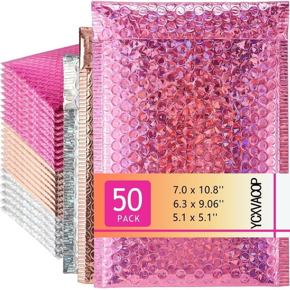 50 Pcs Metallic Bubble Mailer,Holographic Bubble Mailers,Poly Padded Envelopes,Self Seal Shipping Envelopes,Waterproof Cushion Envelope for Mailing Shipping Packing Small Business,3 Size
