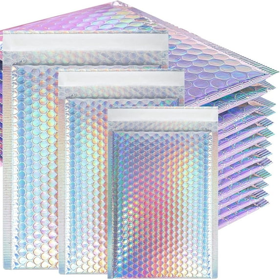 50 Pcs Metallic Bubble Mailers,Poly Padded Envelopes,Waterproof Self Seal Adhesive Shipping Bags,Foil Glitter Glamour Shipping Mailer,Holographic Cushion Envelopes for Mailing,Packing,Small Business