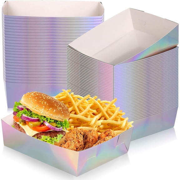 50 Pcs Metallic Iridescent Party Paper Food Trays 5 lb Large Metallic Food Boats Nacho Plates Disposable Serving Snack Trays for 2026 Graduation Birthday Party Dinner Supplies