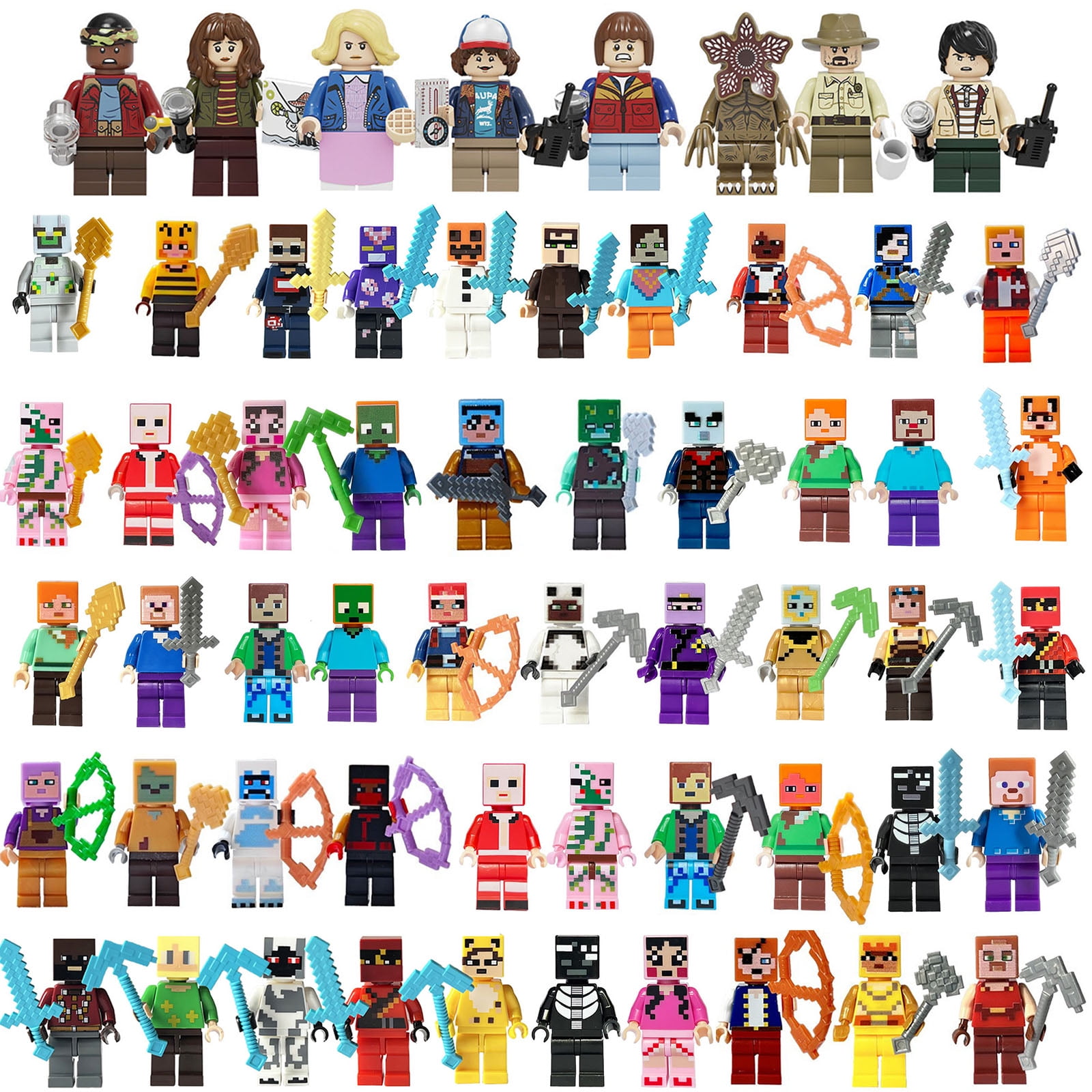 58 Pcs Minecraft Minifigures Building Blocks Toys Set, Game Pixelated Miner Character Action Figures Building Kits Collection Display Toy for Boys Kids