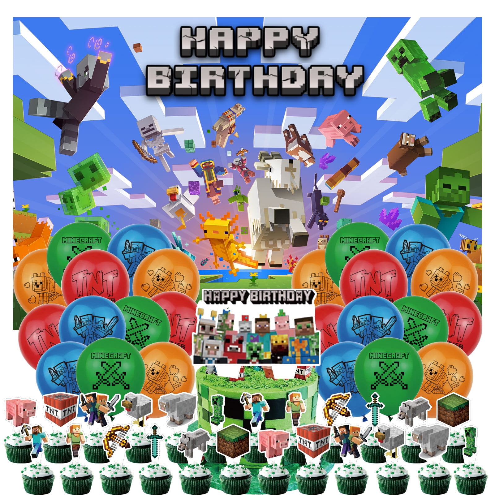 50 Pcs For Minecraft Theme Party Decoration Set Includes Backdrop Cloth, Cake Topper, 24 Cupcake Toppers, and 24 Balloons for Festive and Birthday Celebrations