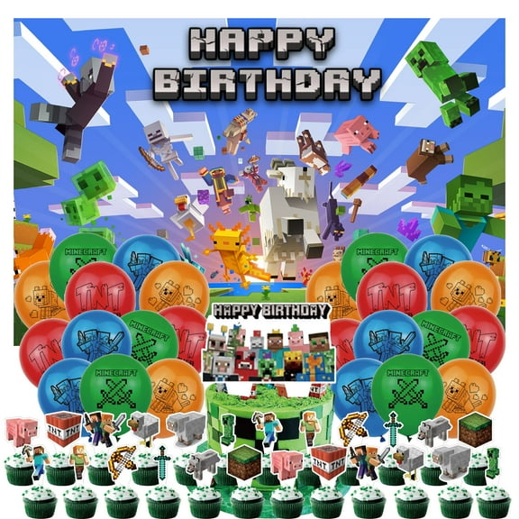 50 Pcs For Minecraft Theme Party Decoration Set  Includes Backdrop Cloth, Cake Topper, 24 Cupcake Toppers, and 24 Balloons for Festive and Birthday Celebrations