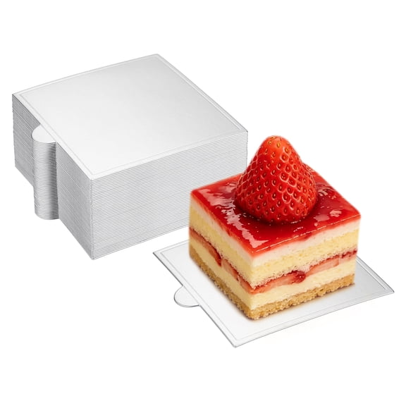 50 Pcs Mini Cake Boards, 3.5 Inch Mousse Cake Base, Square Paper Cupcake Dessert Displays Tray for Baking Wedding Birthday Party DIY Dessert Base, Silver