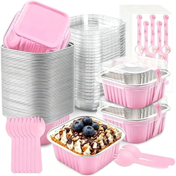50-Pack Mini Square Cake Pans with Lids and Spoons, 5oz Pink Aluminum Foil Baking Cups Disposable Ramekins Dessert Cups for Wedding, Birthday & Party