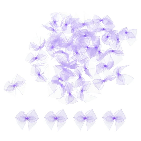 50 Pcs Mini Chiffon Ribbon Bow 1" Mini Fabric Satin Ribbon Flower Bows for Craft DIY Sewing Wedding Party Light Purple