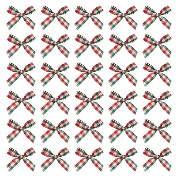 50 Pcs Mini Gingham Ribbon Bows for Craft DIY Cake Sewing Wedding Birthday Party Decoration, Red Green Kahki