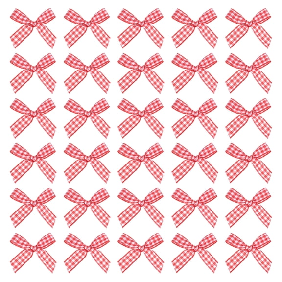 50 Pcs Mini Gingham Ribbon Bows for Craft DIY Cake Sewing Wedding Birthday Party Decoration, Red White