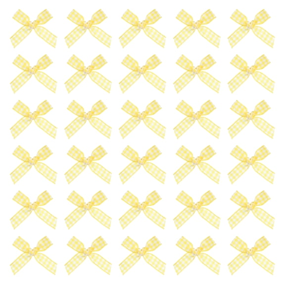 50 Pcs Mini Gingham Ribbon Bows for Craft DIY Cake Sewing Wedding Birthday Party Decoration, Yellow White