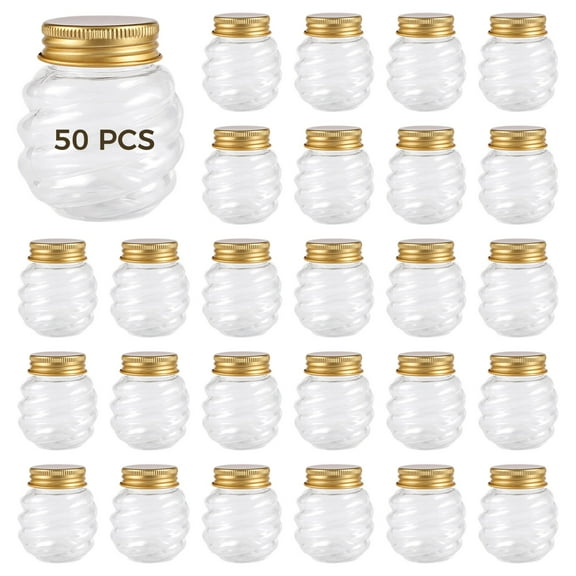 50 Pcs Mini Honey Jars, 2 oz (60 ml) Honeycomb Plastic Storage Containers with Gold Lids, Small Mason Jars for Party Favors, Wedding Presents, DIY Crafts, Jam, Spices