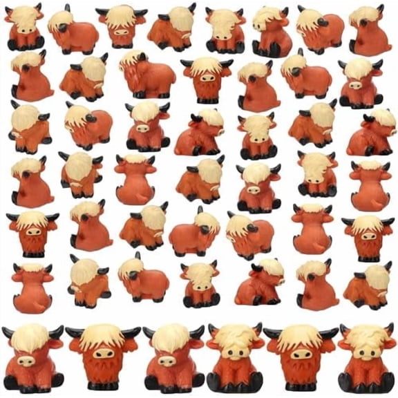 50 Pcs Mini Resin Highland Cow Figurines Bulk Mini Cow Figurines Cute Resin Miniature Sculpture Ornament Highland Cows Gifts for Landscape Office Garden Desk Party Tabletop Decor