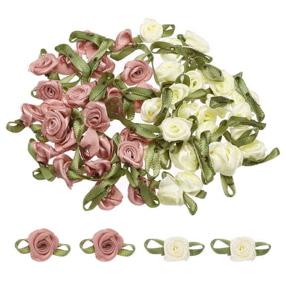 50 Pcs Mini Roses Bow 22mm Small Fabric Satin Ribbon Flower Bows Ribbon Roses for Craft Ornament Applique DIY Envelope Sewing Wedding Birthday Party, Beige/Light Pink